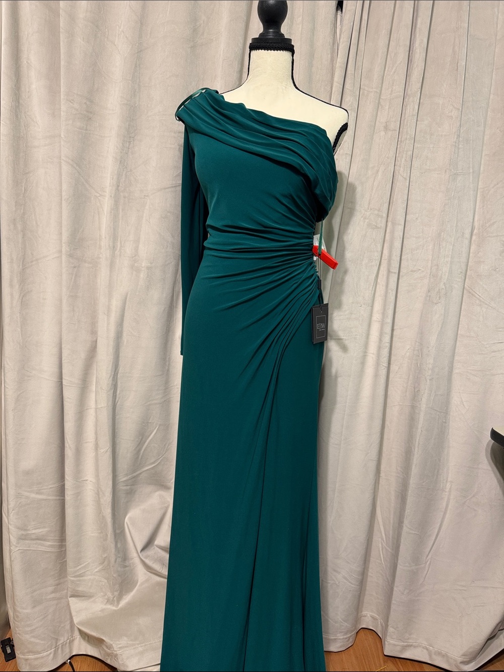 One-Shoulder Teal Green Evening Gown with Draped Detail